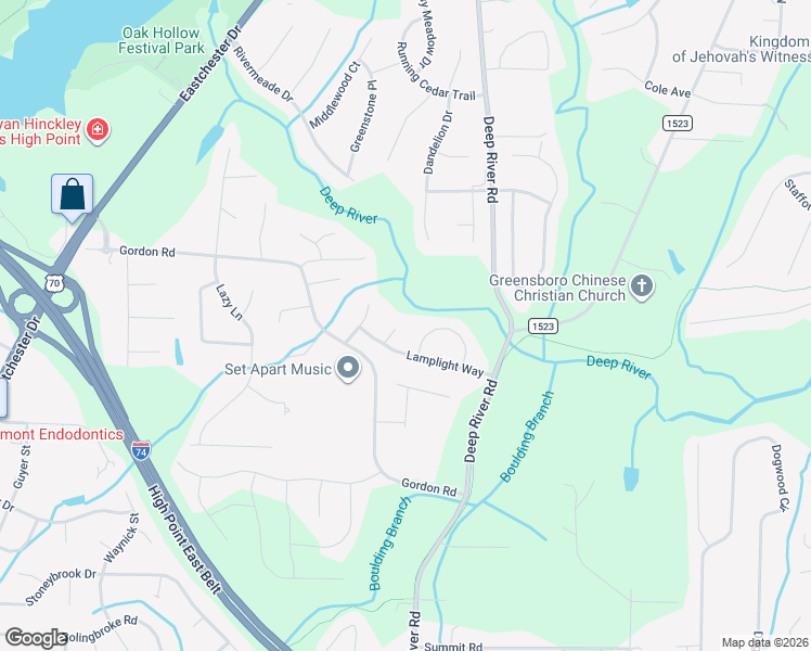 map of restaurants, bars, coffee shops, grocery stores, and more near 2667 Lamplight Circle in High Point