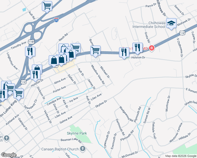 map of restaurants, bars, coffee shops, grocery stores, and more near 305 Meadow View Road in Knoxville