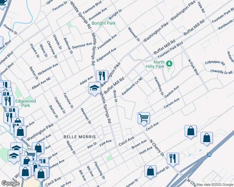 map of restaurants, bars, coffee shops, grocery stores, and more near 2512 Brice Street in Knoxville