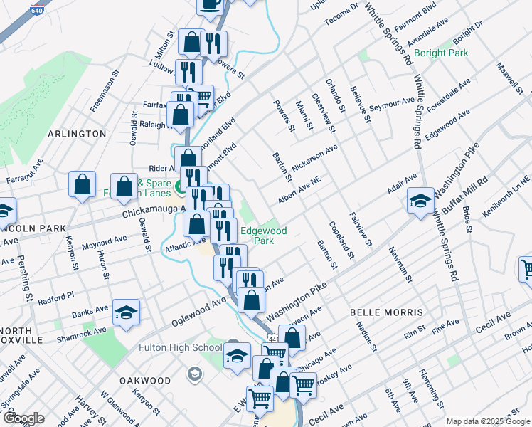 map of restaurants, bars, coffee shops, grocery stores, and more near 3101 Dempster Street Northeast in Knoxville