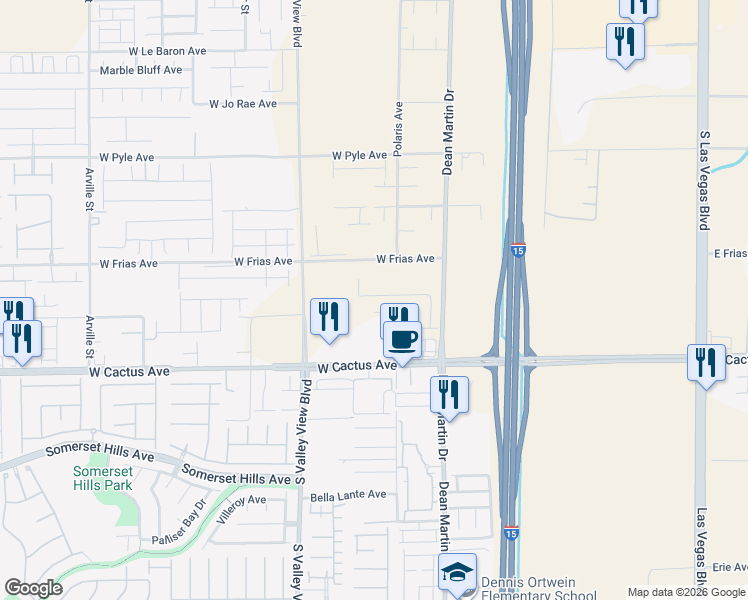 map of restaurants, bars, coffee shops, grocery stores, and more near 3475 West Rush Avenue in Las Vegas