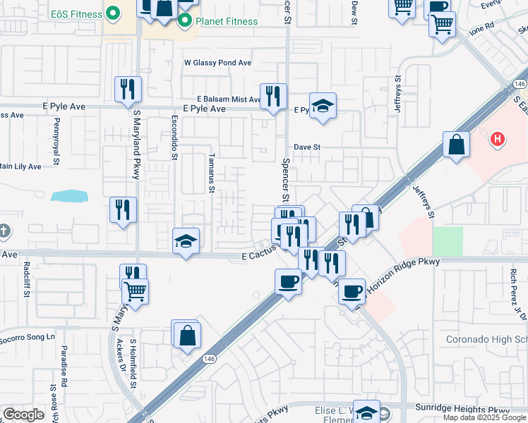 map of restaurants, bars, coffee shops, grocery stores, and more near 1676 Tristan Flower Avenue in Las Vegas