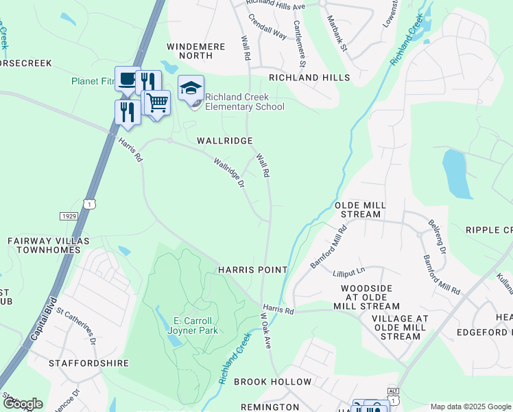 map of restaurants, bars, coffee shops, grocery stores, and more near 716 Wallridge Drive in Wake Forest