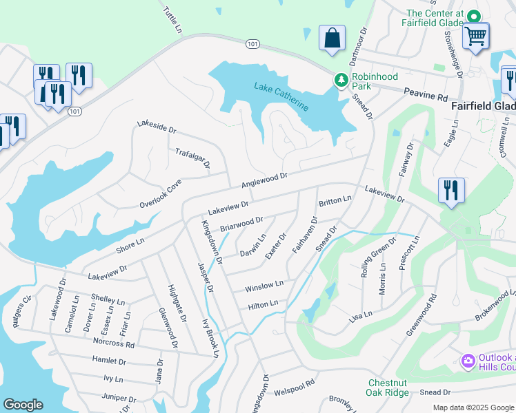 map of restaurants, bars, coffee shops, grocery stores, and more near 340 Lakeview Drive in Crossville