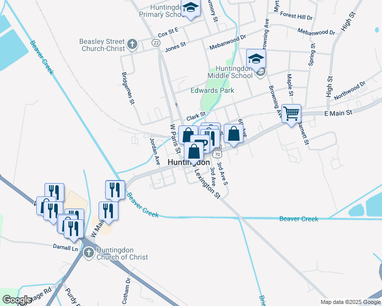 map of restaurants, bars, coffee shops, grocery stores, and more near 12819 Paris Street in Huntingdon