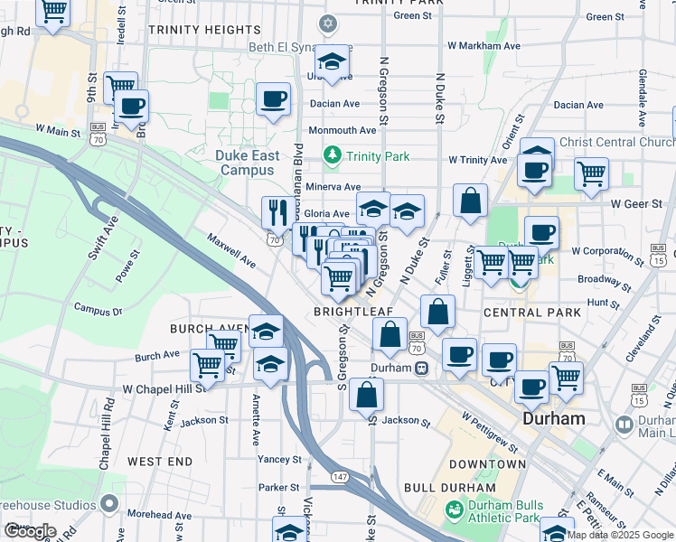 map of restaurants, bars, coffee shops, grocery stores, and more near 906 West Morgan Street in Durham