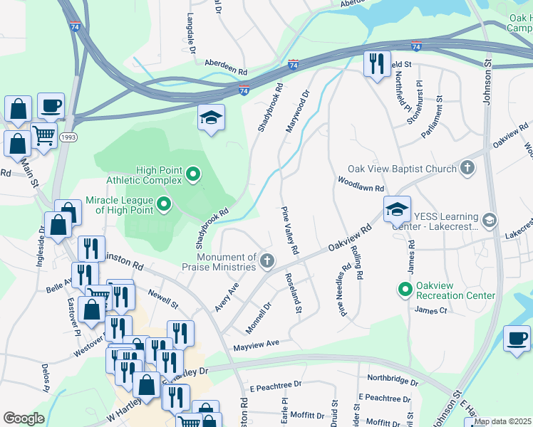 map of restaurants, bars, coffee shops, grocery stores, and more near 3423 Pine Valley Road in High Point