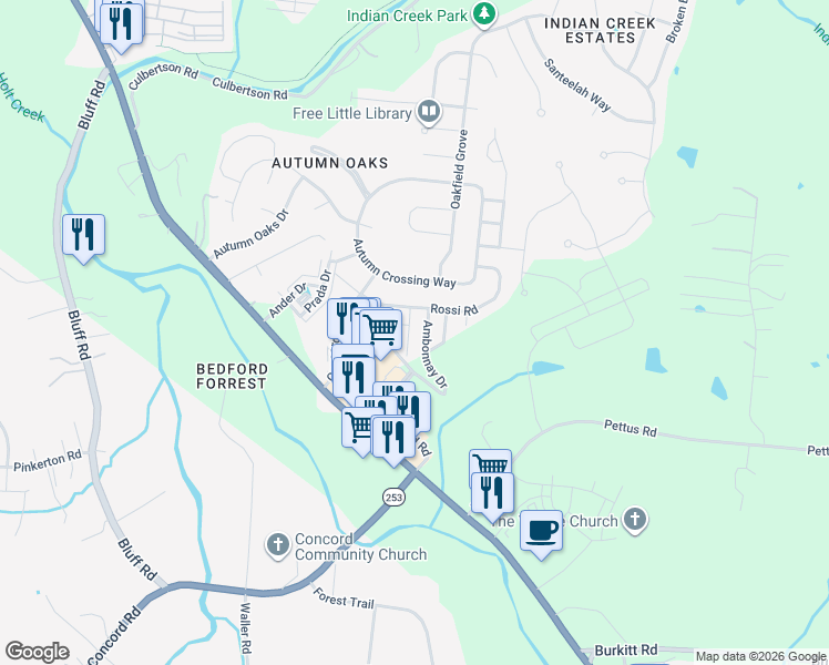 map of restaurants, bars, coffee shops, grocery stores, and more near 8619 Altesse Way in Brentwood