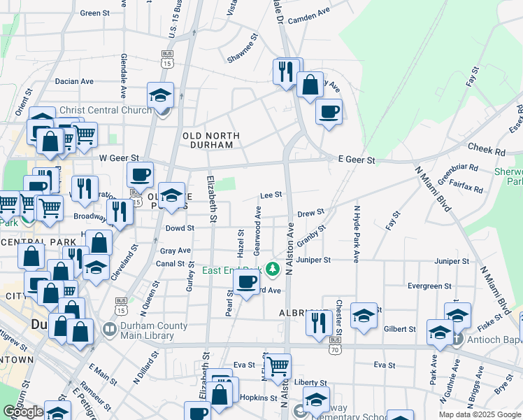 map of restaurants, bars, coffee shops, grocery stores, and more near 1406 Gearwood Avenue in Durham