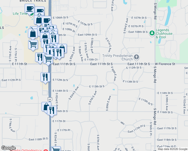map of restaurants, bars, coffee shops, grocery stores, and more near 8391 East 112th Street South in Bixby