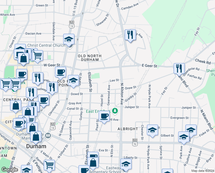 map of restaurants, bars, coffee shops, grocery stores, and more near 1405 Gearwood Avenue in Durham