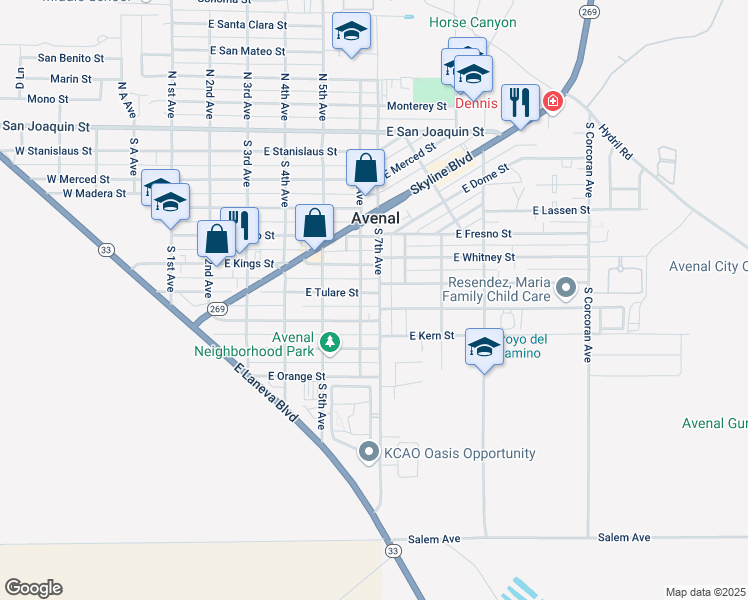 map of restaurants, bars, coffee shops, grocery stores, and more near 608 E Tulare St in Avenal