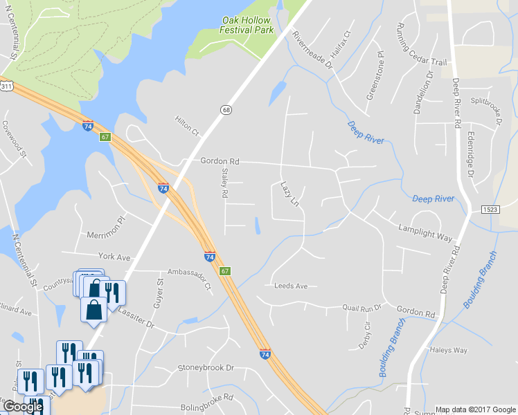 map of restaurants, bars, coffee shops, grocery stores, and more near 2732 Red Run Court in High Point