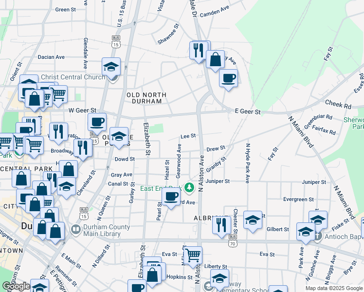 map of restaurants, bars, coffee shops, grocery stores, and more near 1406 Gearwood Avenue in Durham