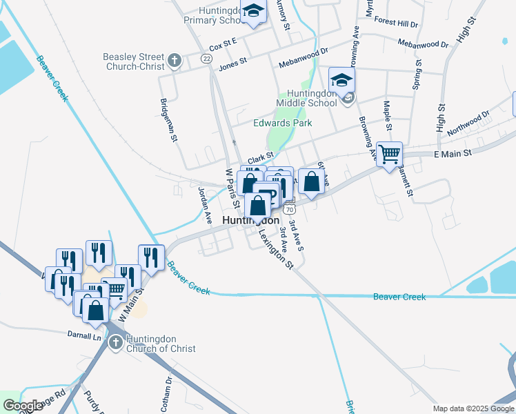 map of restaurants, bars, coffee shops, grocery stores, and more near 12819-12869 Paris Street in Huntingdon