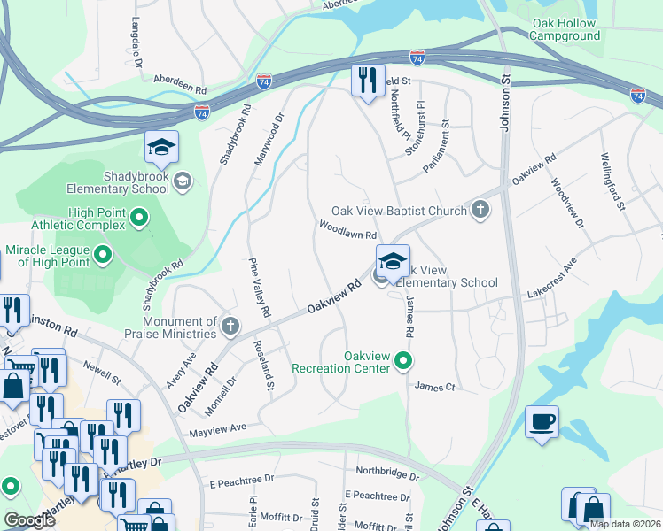 map of restaurants, bars, coffee shops, grocery stores, and more near 3410 Rolling Road in High Point