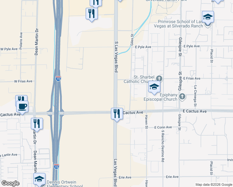 map of restaurants, bars, coffee shops, grocery stores, and more near 10301-10499 S Las Vegas Blvd in Las Vegas