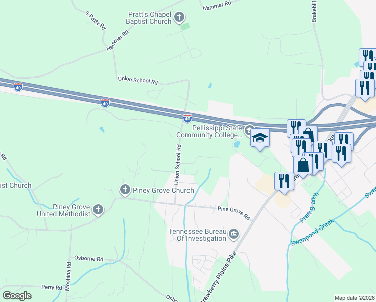 map of restaurants, bars, coffee shops, grocery stores, and more near 1012 Union School Road in Knoxville