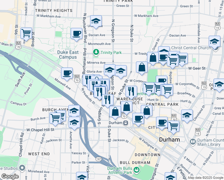 map of restaurants, bars, coffee shops, grocery stores, and more near 209 North Gregson Street in Durham