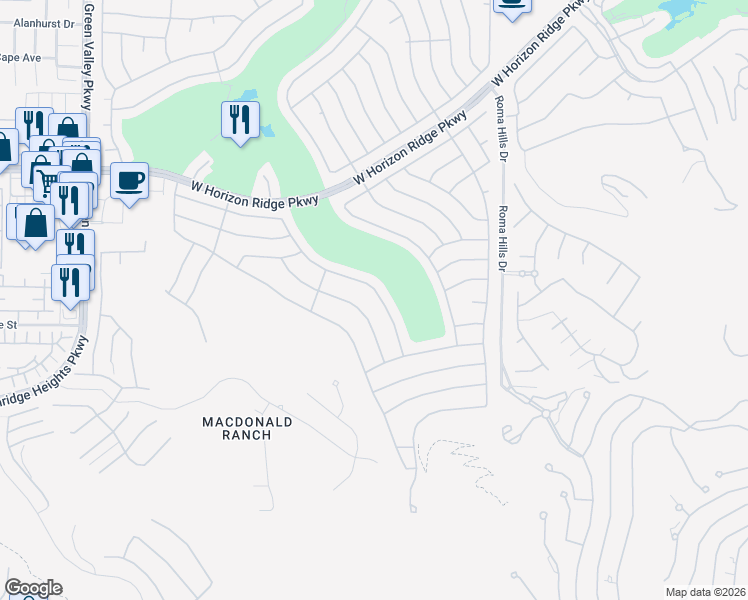 map of restaurants, bars, coffee shops, grocery stores, and more near 2093 Tiger Links Drive in Henderson
