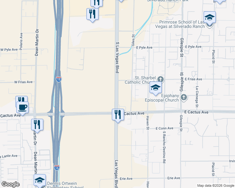 map of restaurants, bars, coffee shops, grocery stores, and more near 10301-10499 S Las Vegas Blvd in Las Vegas