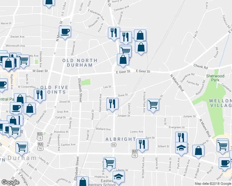 map of restaurants, bars, coffee shops, grocery stores, and more near 913 Drew Street in Durham