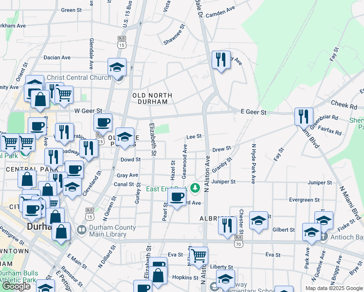 map of restaurants, bars, coffee shops, grocery stores, and more near 1409 Gearwood Avenue in Durham