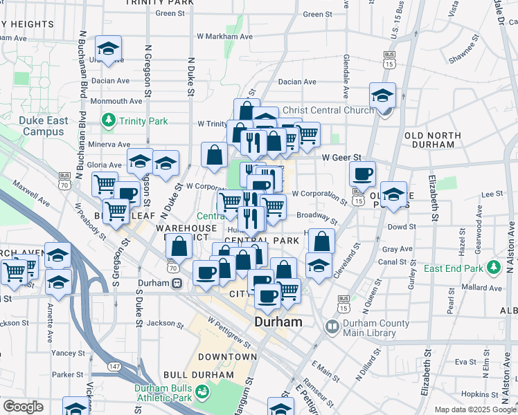 map of restaurants, bars, coffee shops, grocery stores, and more near 540 Foster Street in Durham