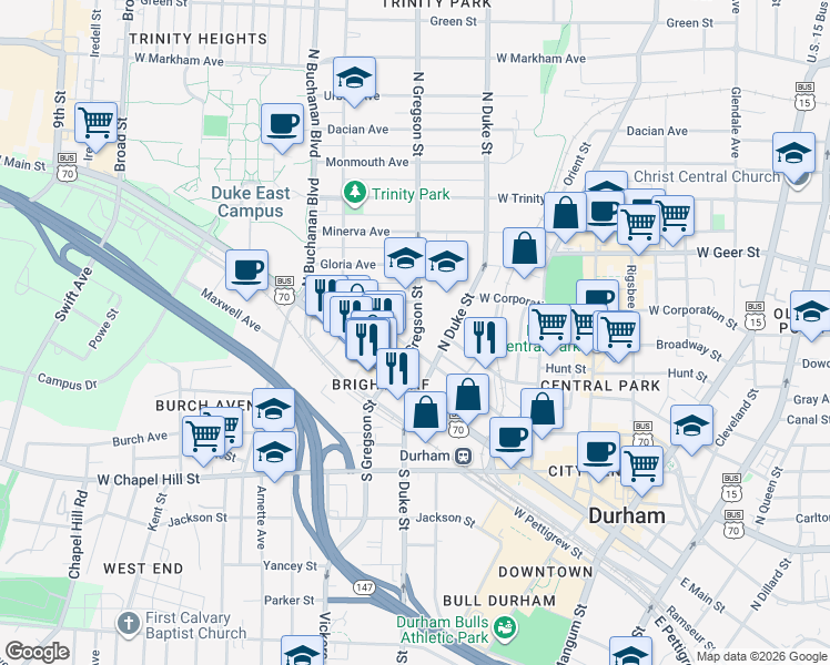 map of restaurants, bars, coffee shops, grocery stores, and more near 820 West Morgan Street in Durham