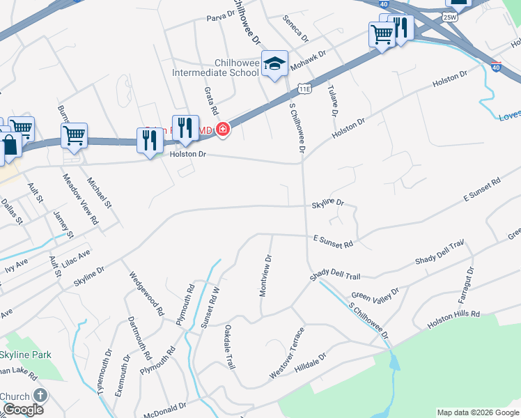map of restaurants, bars, coffee shops, grocery stores, and more near 4827 Skyline Drive in Knoxville
