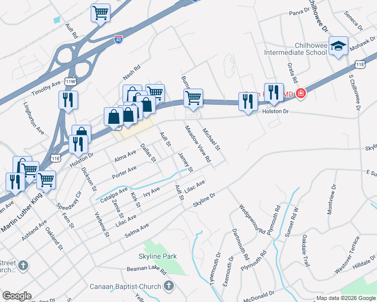 map of restaurants, bars, coffee shops, grocery stores, and more near 305 Meadow View Road in Knoxville