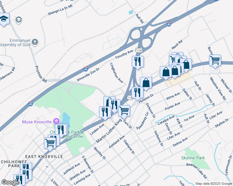 map of restaurants, bars, coffee shops, grocery stores, and more near 3820 Bonnie View Avenue in Knoxville