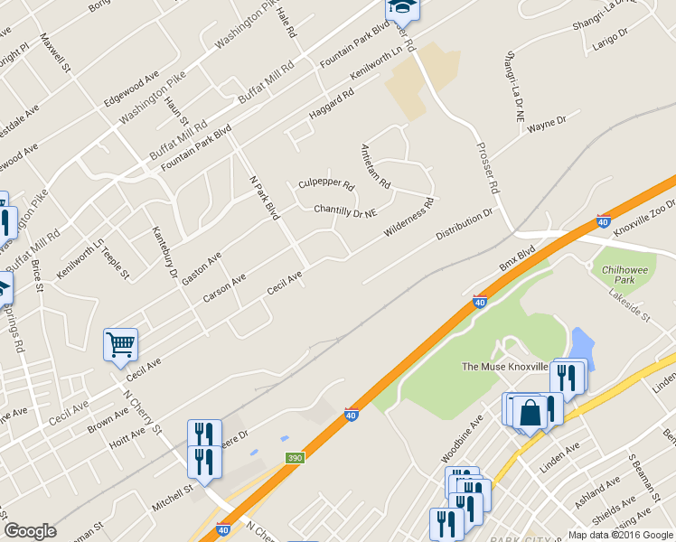 map of restaurants, bars, coffee shops, grocery stores, and more near 3148 Wilderness Road Northeast in Knoxville