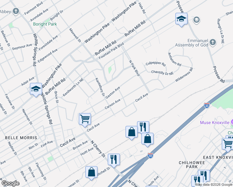 map of restaurants, bars, coffee shops, grocery stores, and more near 2847 Kennington Road in Knoxville