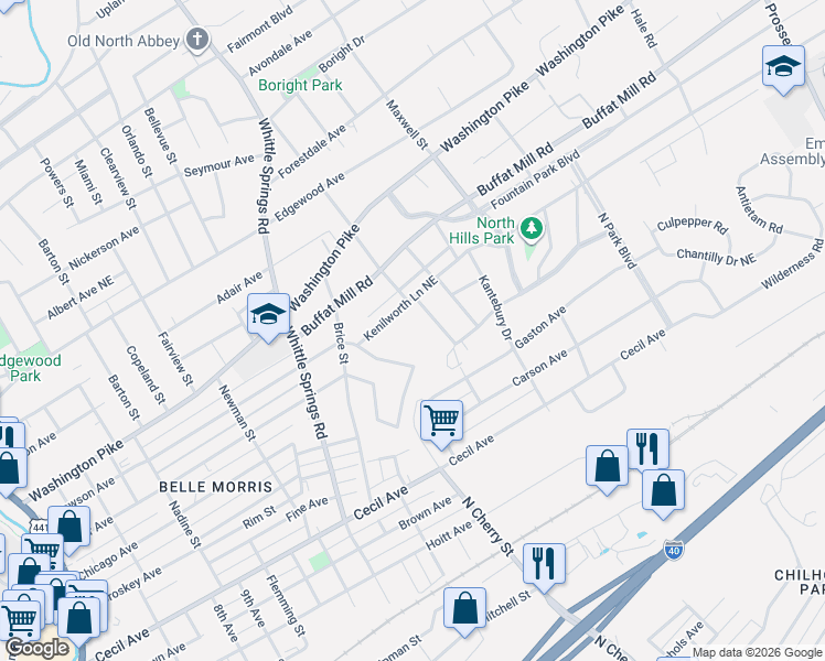 map of restaurants, bars, coffee shops, grocery stores, and more near 2574 Kenilworth Lane Northeast in Knoxville