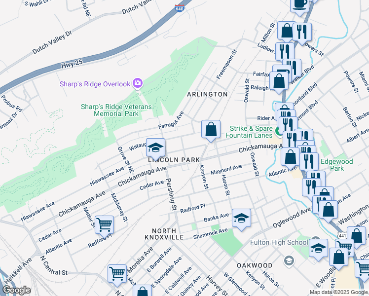 map of restaurants, bars, coffee shops, grocery stores, and more near 701 Hiawassee Avenue in Knoxville