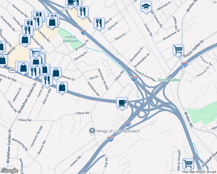 map of restaurants, bars, coffee shops, grocery stores, and more near 4409 Nicholas Road Northwest in Knoxville