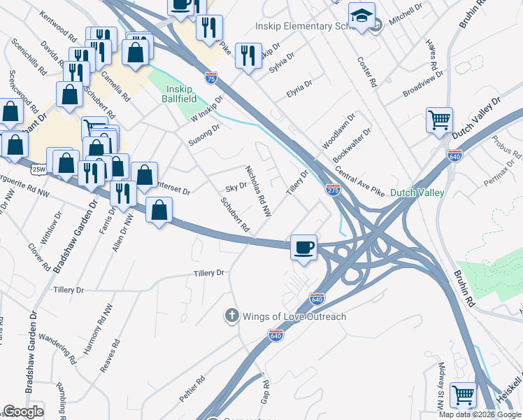 map of restaurants, bars, coffee shops, grocery stores, and more near 4409 Nicholas Road Northwest in Knoxville