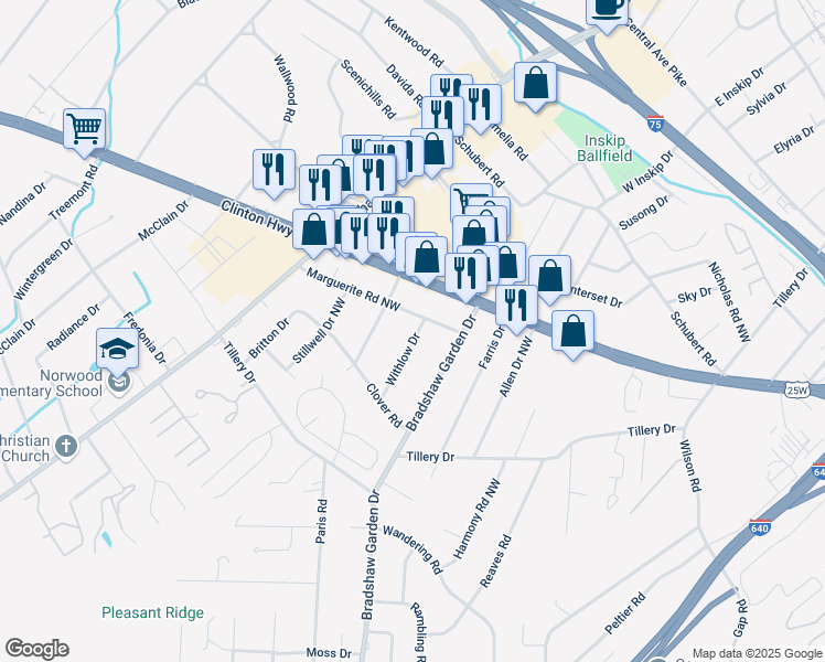 map of restaurants, bars, coffee shops, grocery stores, and more near 5015 Marguerite Road Northwest in Knoxville