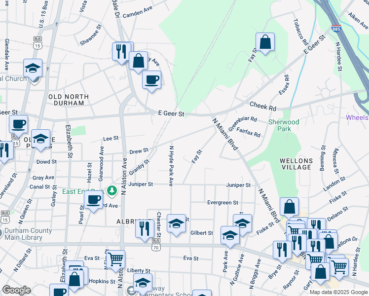 map of restaurants, bars, coffee shops, grocery stores, and more near 1409 Evelyn Street in Durham