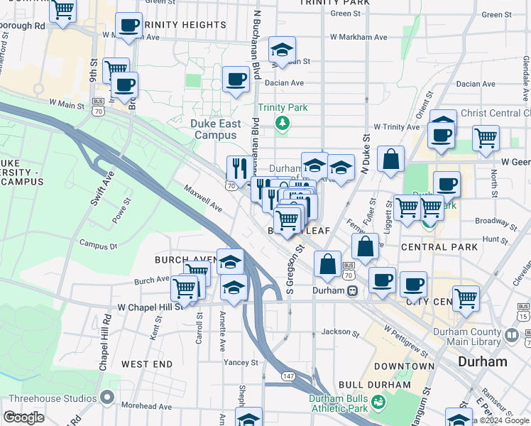 map of restaurants, bars, coffee shops, grocery stores, and more near 1105 West Main Street in Durham