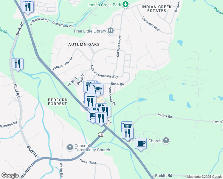 map of restaurants, bars, coffee shops, grocery stores, and more near 8710 Ambonnay Drive in Brentwood