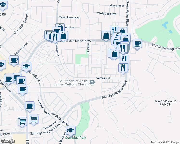 map of restaurants, bars, coffee shops, grocery stores, and more near 723 Sharon Hills Street in Henderson