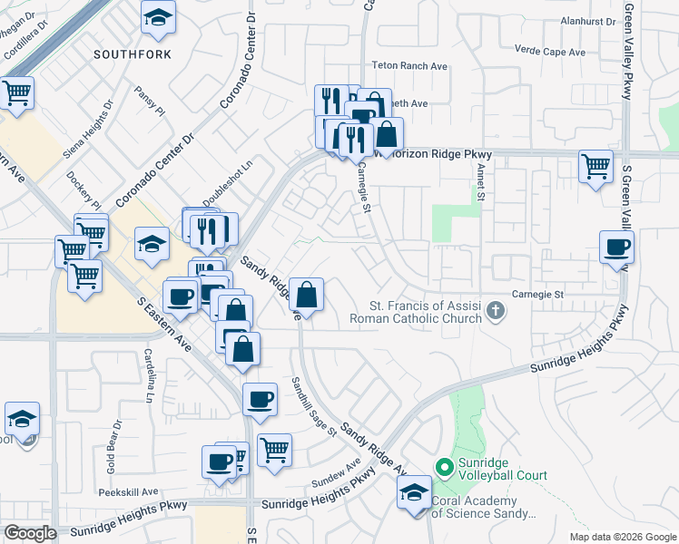 map of restaurants, bars, coffee shops, grocery stores, and more near 724 Sandy Hook Terrace in Henderson