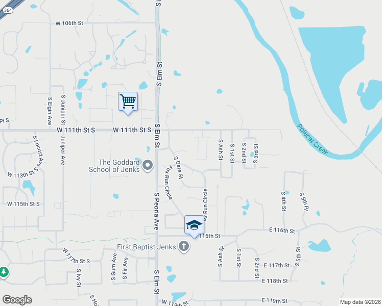 map of restaurants, bars, coffee shops, grocery stores, and more near 345 West 113th Street in Jenks