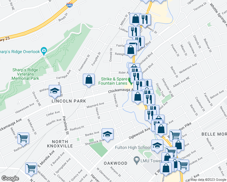 map of restaurants, bars, coffee shops, grocery stores, and more near Chickamauga Ave NE & Oswald St NE in Knoxville