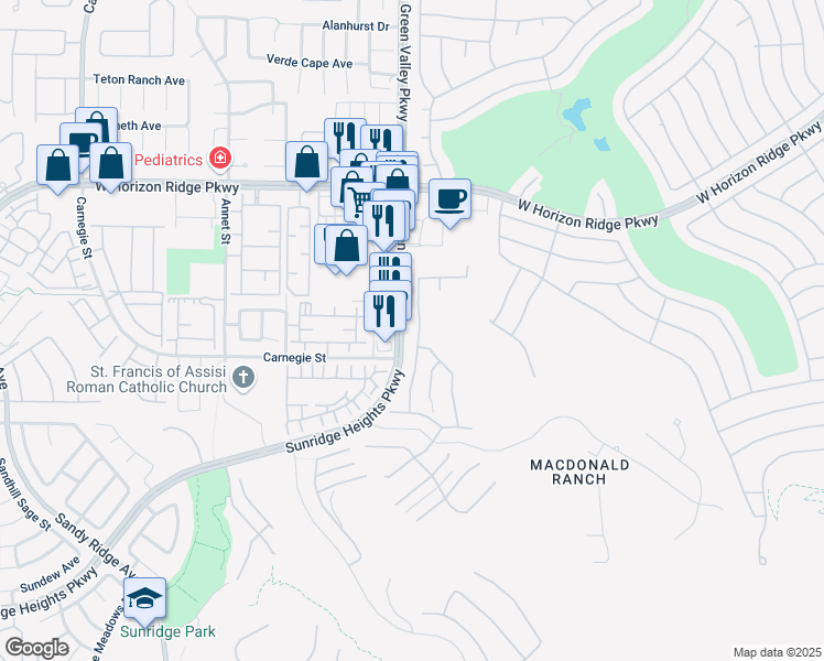 map of restaurants, bars, coffee shops, grocery stores, and more near 731 Glowing Horizon Street in Henderson