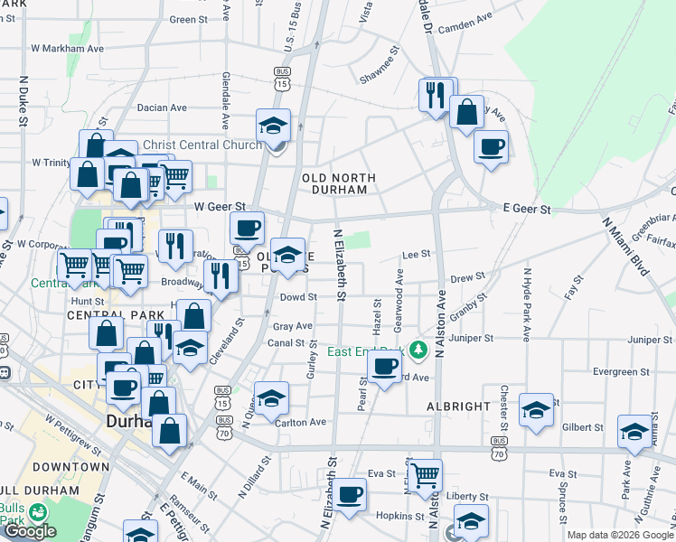 map of restaurants, bars, coffee shops, grocery stores, and more near 314 Lyric Street in Durham