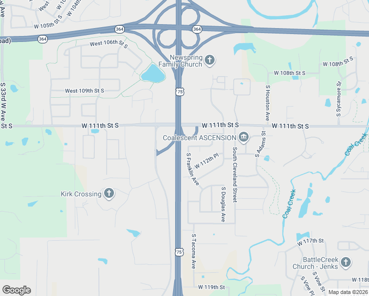 map of restaurants, bars, coffee shops, grocery stores, and more near 11222 South Franklin Avenue in Jenks