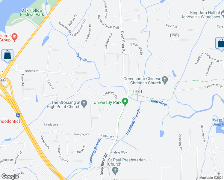 map of restaurants, bars, coffee shops, grocery stores, and more near 2675 Lamplight Circle in High Point